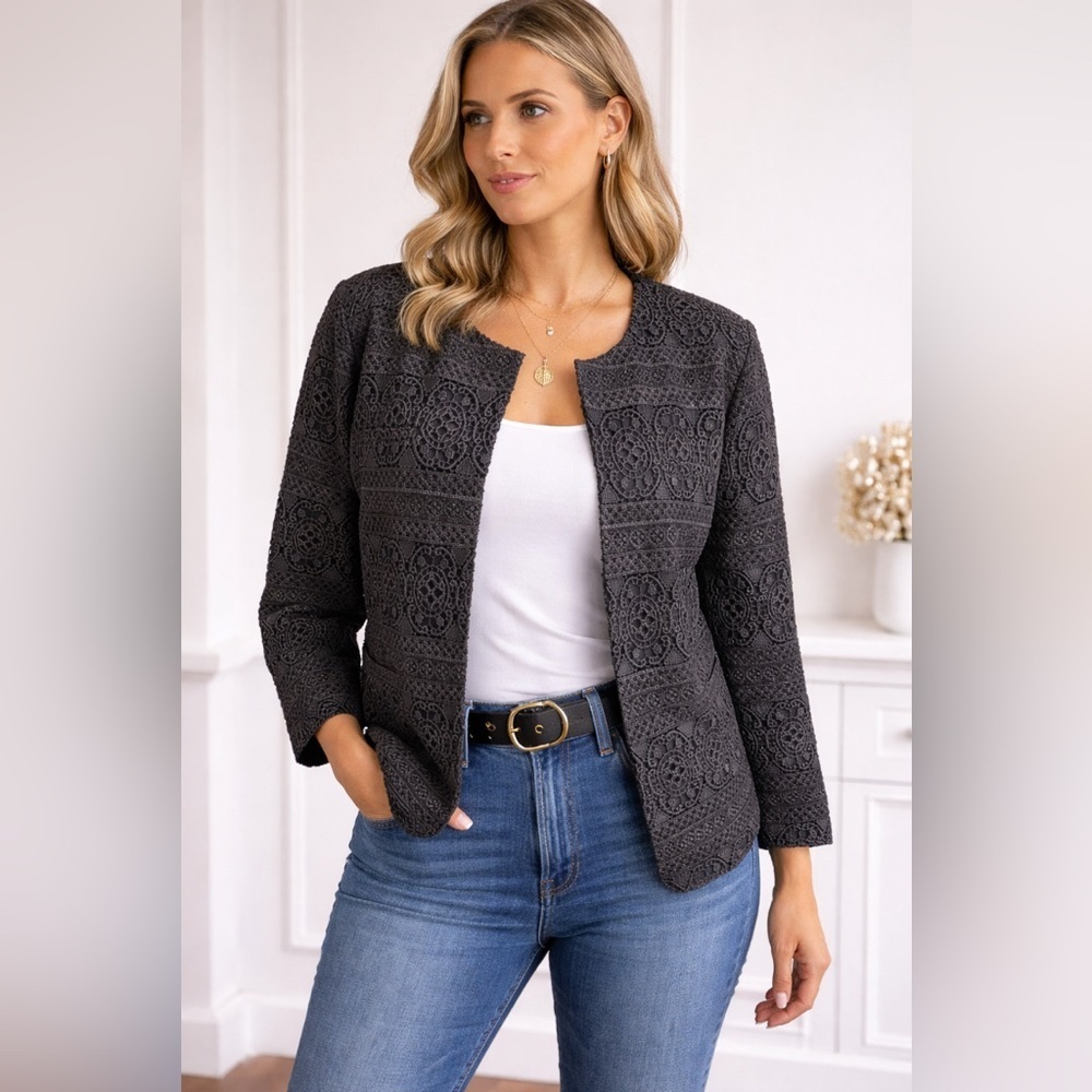Anine Bing Black Lace Jacket Blazer Open Front Size L Statement Piece Like New